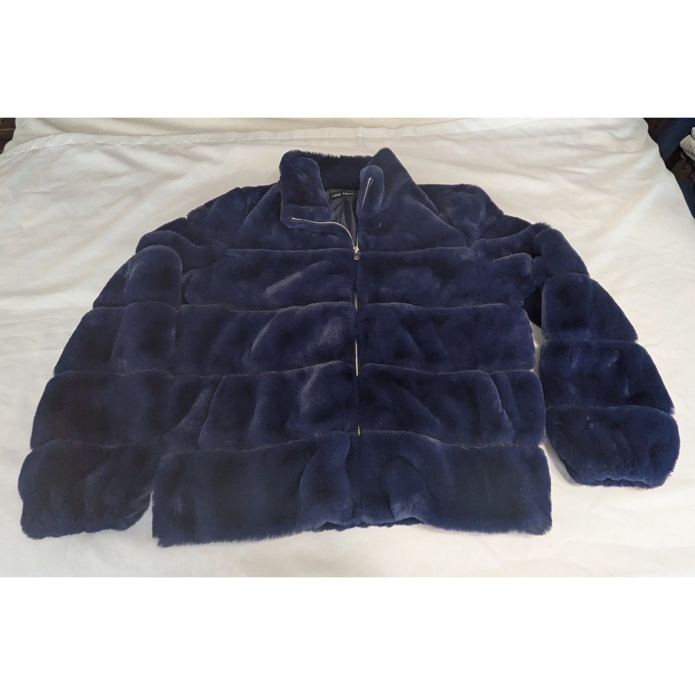 Love Token Faux Fur Jacket Women Large Navy Blue Excellent Quilted Zip Up